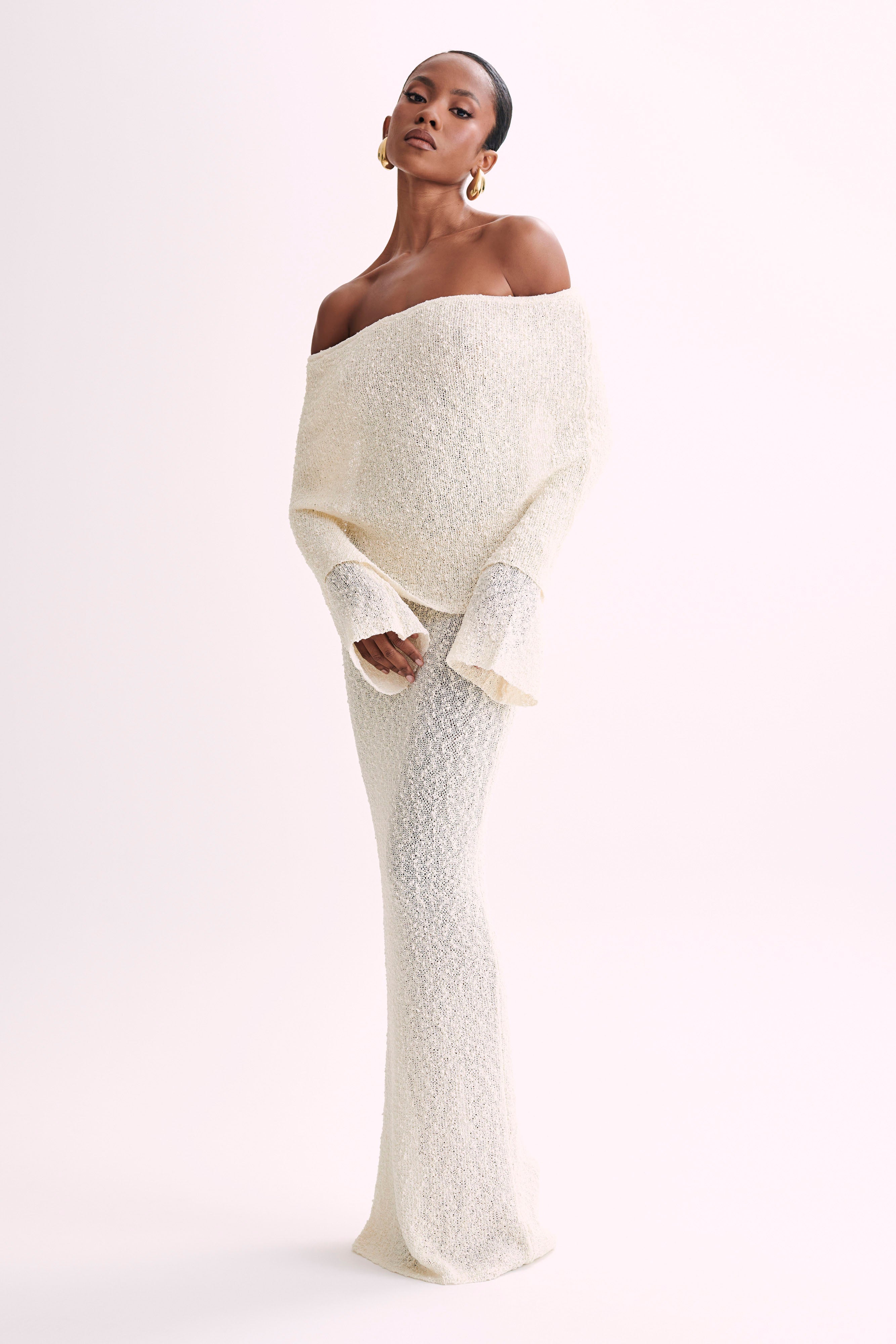 Marisol Off Shoulder Boucle Maxi Dress - Ivory - MESHKI
