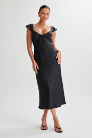 Chantal Short Sleeve Satin Midi Dress - Black
