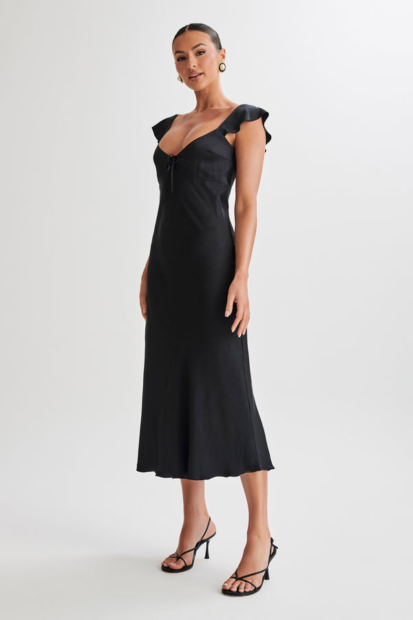 Chantal Short Sleeve Satin Midi Dress - Black