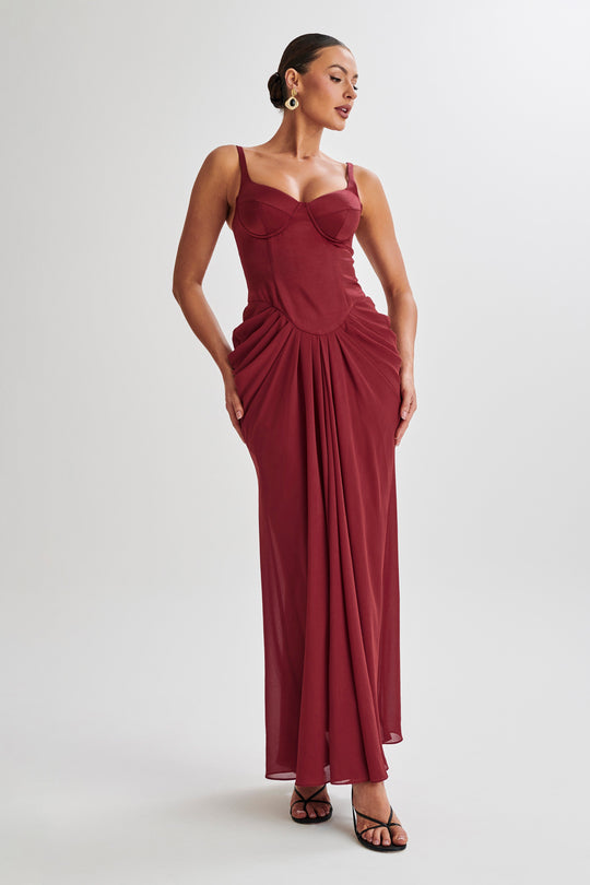 Shop Formal Dress - Leila  Satin Corset Maxi Dress - Wine featured image