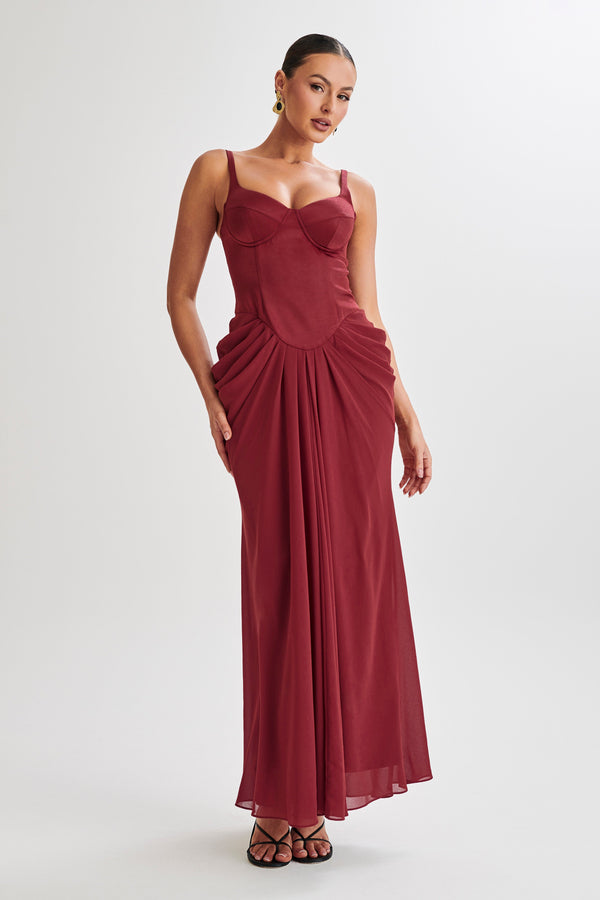 Shop Formal Dress - Leila  Satin Corset Maxi Dress - Wine sixth image