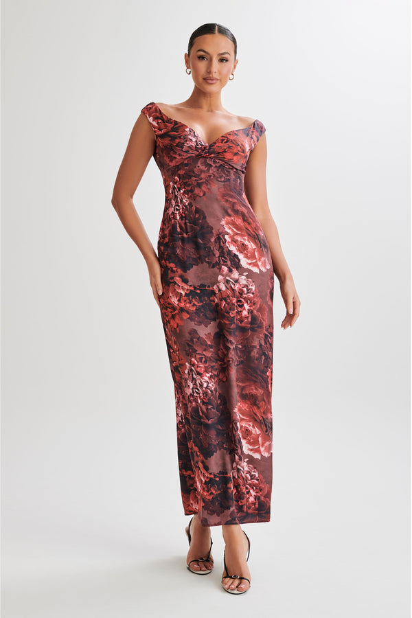 Shop Formal Dress - Giavanni  Off Shoulder Maxi Dress - Peony Print fourth image