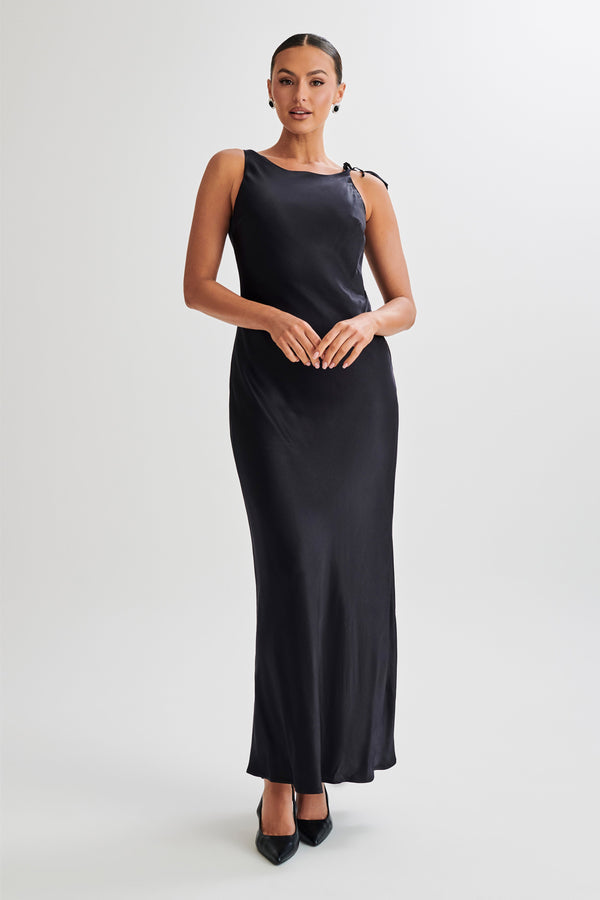 Shop Formal Dress - Annalise  Satin Maxi Dress With Tie - Black third image