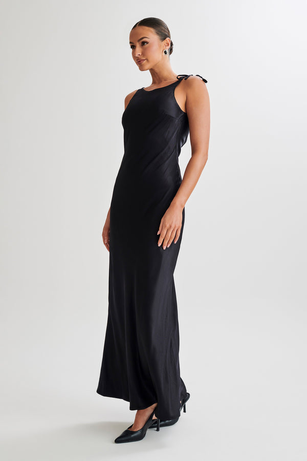 Shop Formal Dress - Annalise  Satin Maxi Dress With Tie - Black fourth image