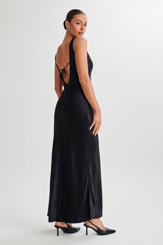 Shop Formal Dress - Annalise  Satin Maxi Dress With Tie - Black featured image