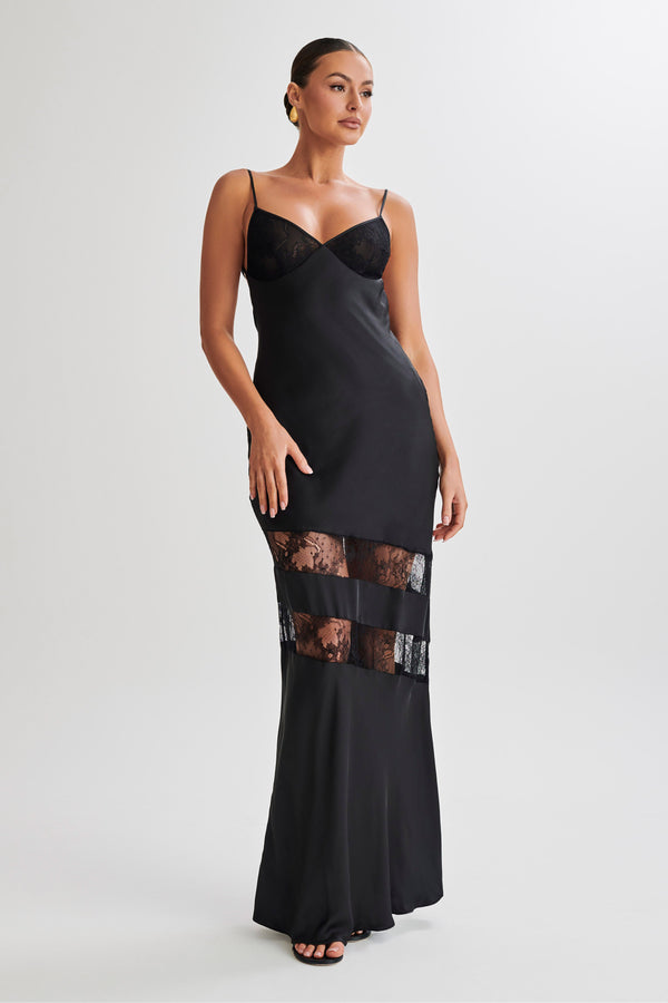 Shop Formal Dress - Myrna  Satin Lace Maxi Dress - Black third image