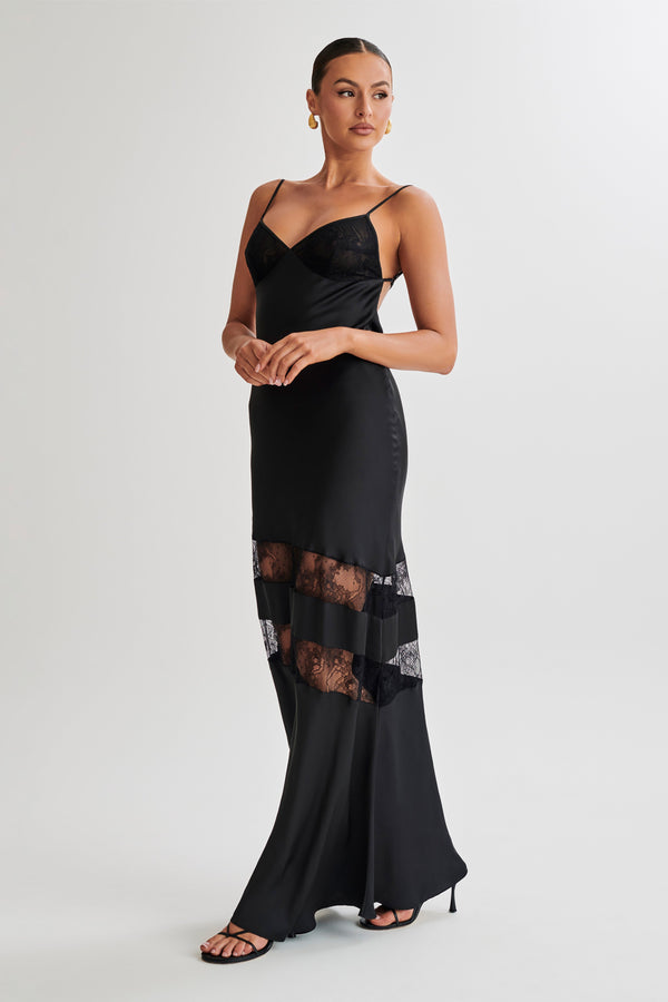 Shop Formal Dress - Myrna  Satin Lace Maxi Dress - Black fourth image