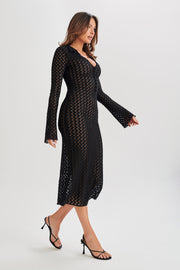 Dionne Lace Long Sleeve Midi Dress - Black