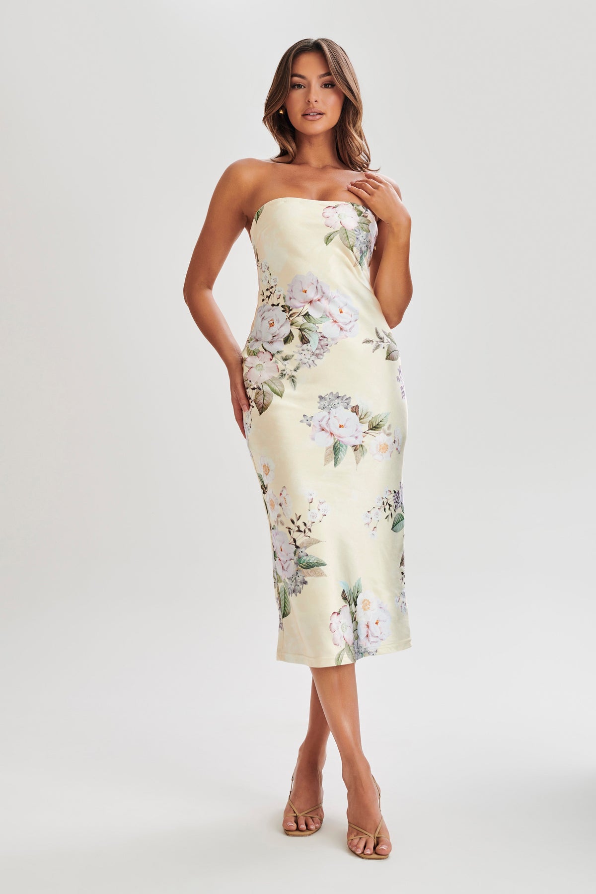 Tyler Strapless Satin Midi Dress - Lemon Floral Print #4