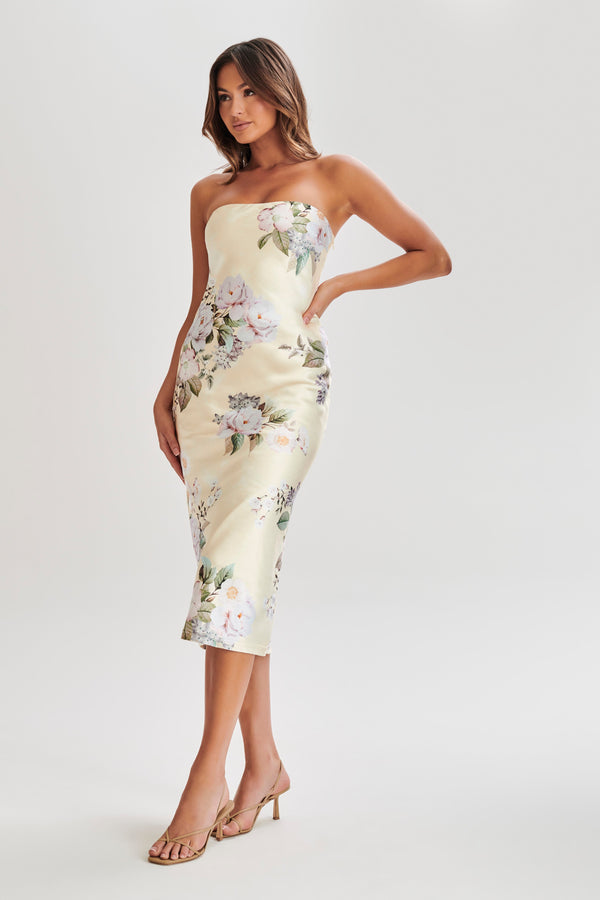 Shop Formal Dress - Tyler  Strapless Satin Midi Dress - Lemon Floral Print fifth image