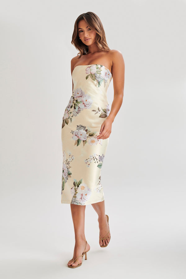 Shop Formal Dress - Tyler  Strapless Satin Midi Dress - Lemon Floral Print sixth image