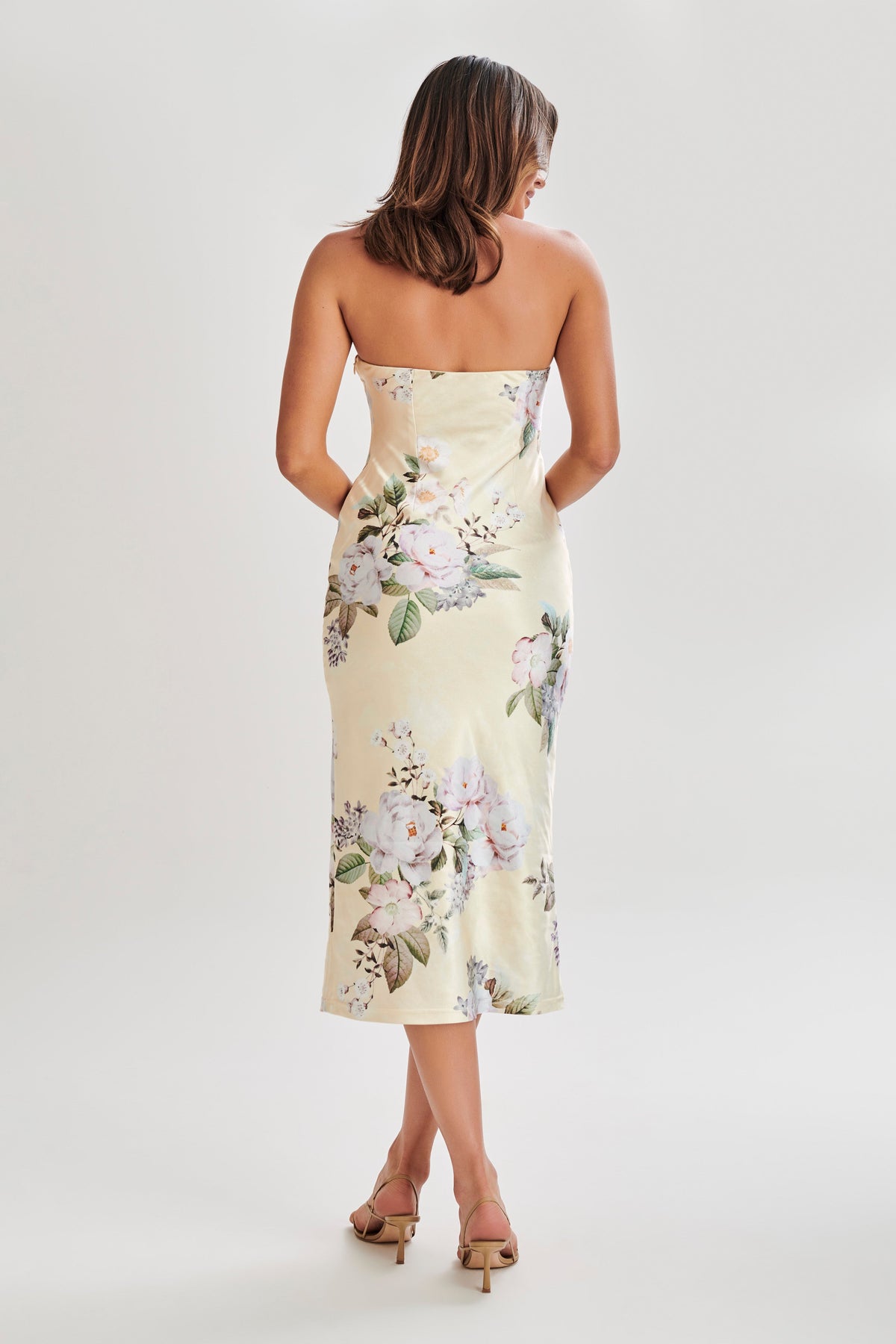 Tyler Strapless Satin Midi Dress - Lemon Floral Print #3