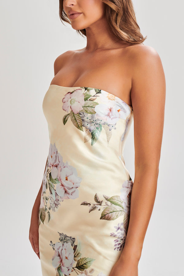 Shop Formal Dress - Tyler  Strapless Satin Midi Dress - Lemon Floral Print secondary image
