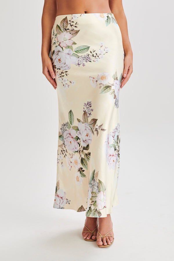Karley Floral Satin Midi Skirt - Lemon Floral Print