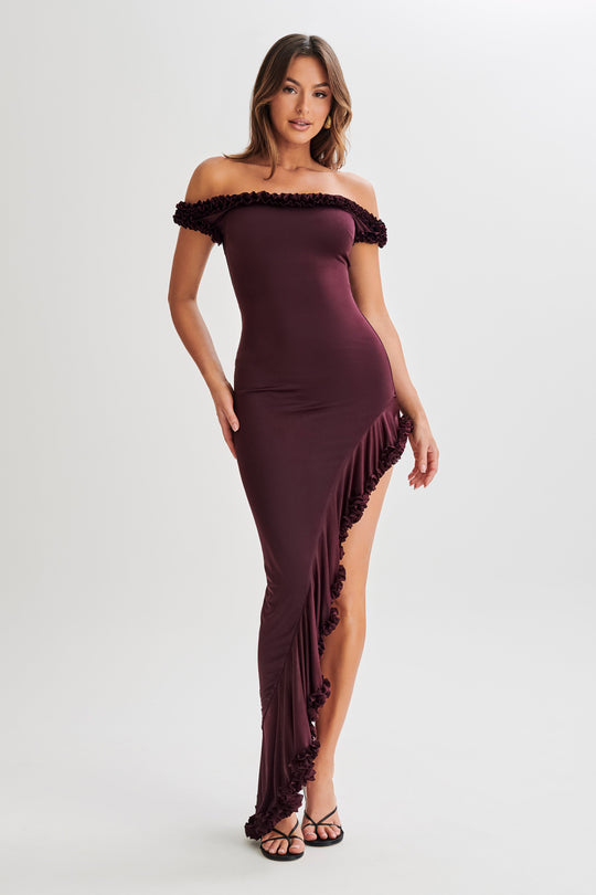 Shop Formal Dress - Arielle  Off Shoulder Ruffle Midi Dress - Plum featured image