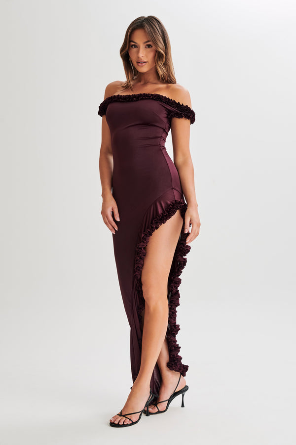 Shop Formal Dress - Arielle  Off Shoulder Ruffle Midi Dress - Plum fifth image