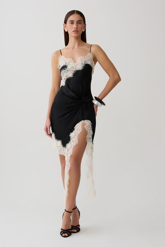 Amber Satin And Lace Mini Dress - Black/Ivory