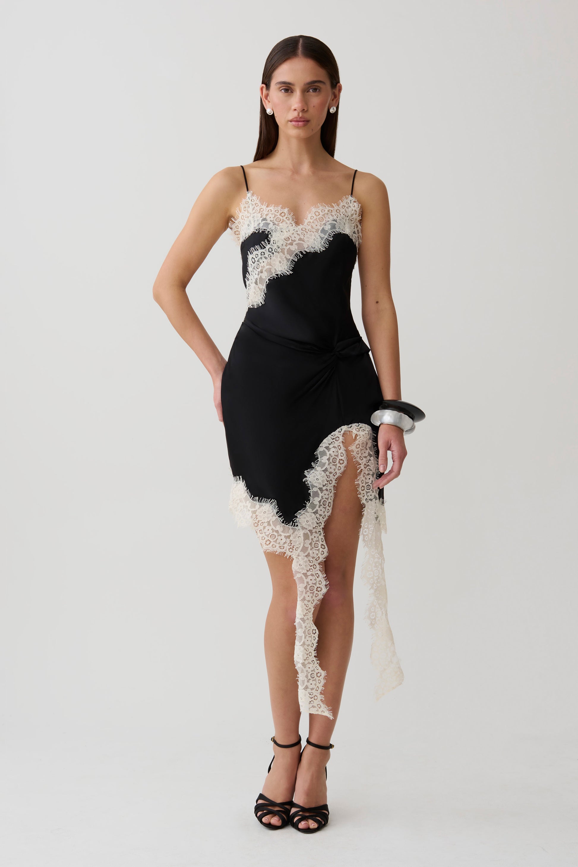 Amber Satin And Lace Mini Dress - Black/Ivory #5