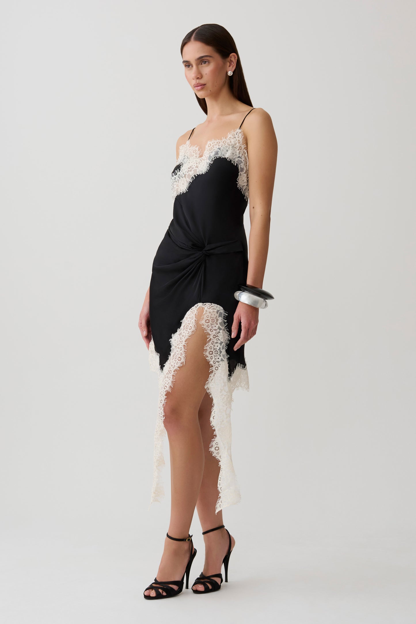 Amber Satin And Lace Mini Dress - Black/Ivory