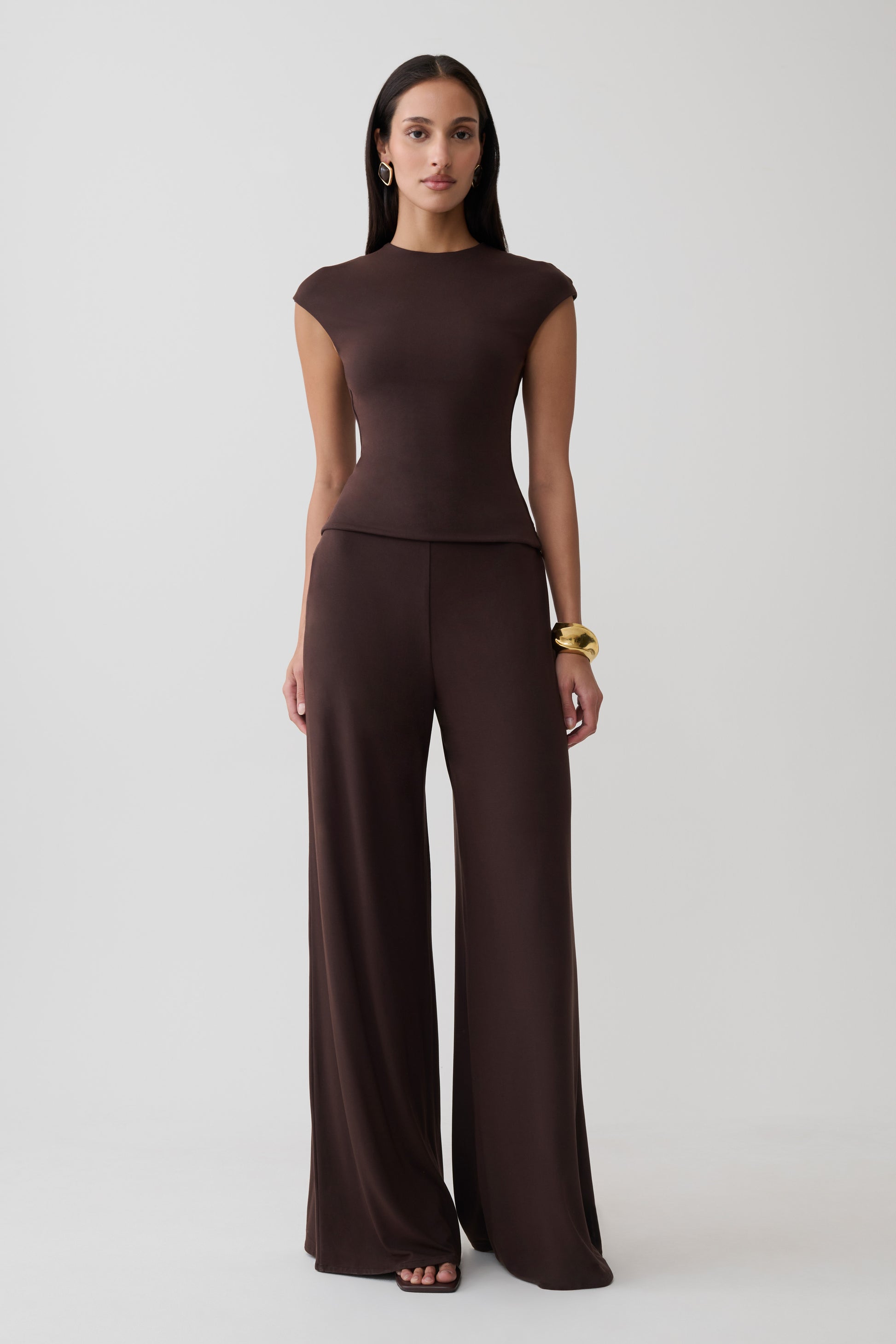 Krysh Wide Leg Peached Jersey Pants - Chocolate #9