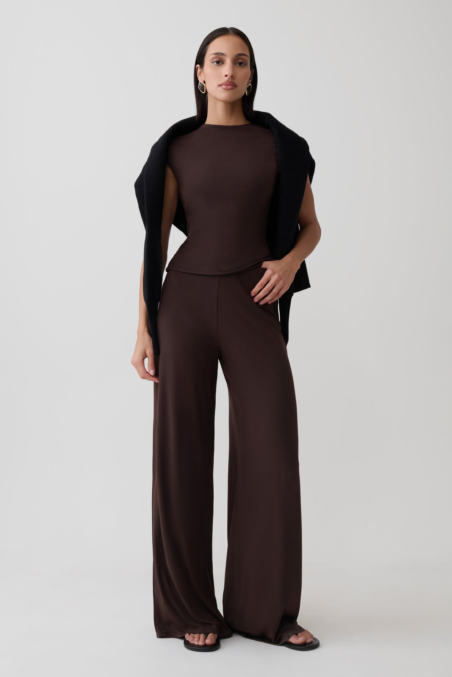 Krysh Wide Leg Peached Jersey Pants - Chocolate
