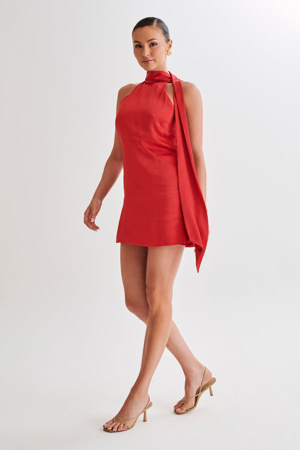 Aubriella Halter Mini Dress With Tie - Red