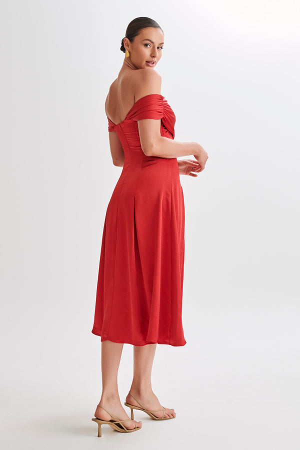 Shop Formal Dress - Sofie  Off Shoulder Midi Dress - Red fifth image