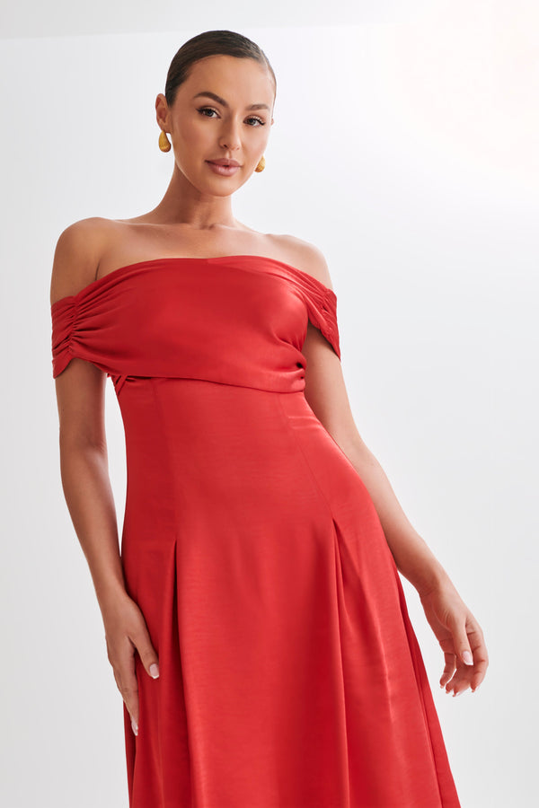 Shop Formal Dress - Sofie  Off Shoulder Midi Dress - Red sixth image