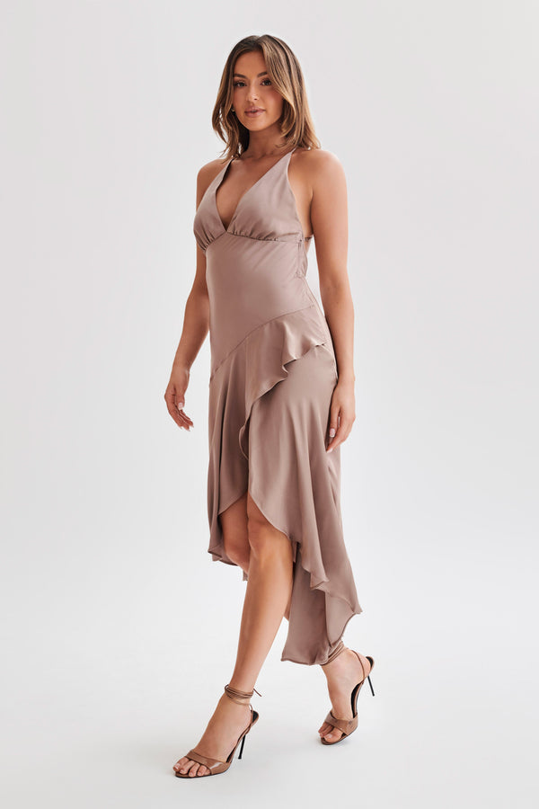 Shop Formal Dress - Casey  Satin Midi Dress - Mocha fourth image