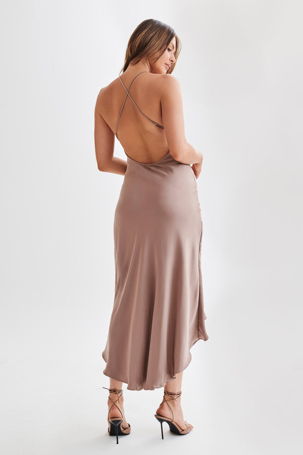 Shop Formal Dress - Casey  Satin Midi Dress - Mocha third image