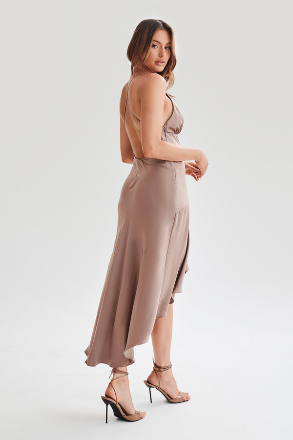 Shop Formal Dress - Casey  Satin Midi Dress - Mocha fifth image