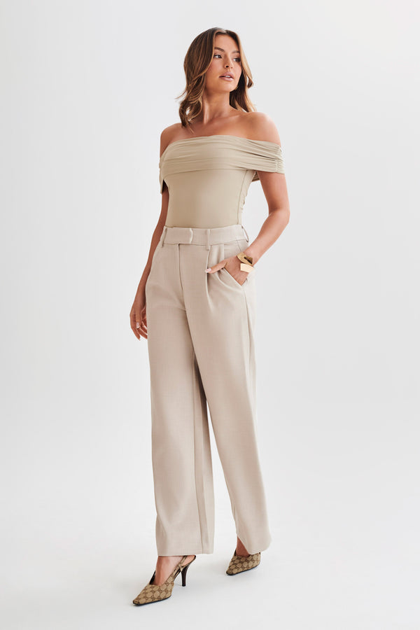 Collective Tops - Meena  Recycled Nylon Off Shoulder Top - Taupe fifth image