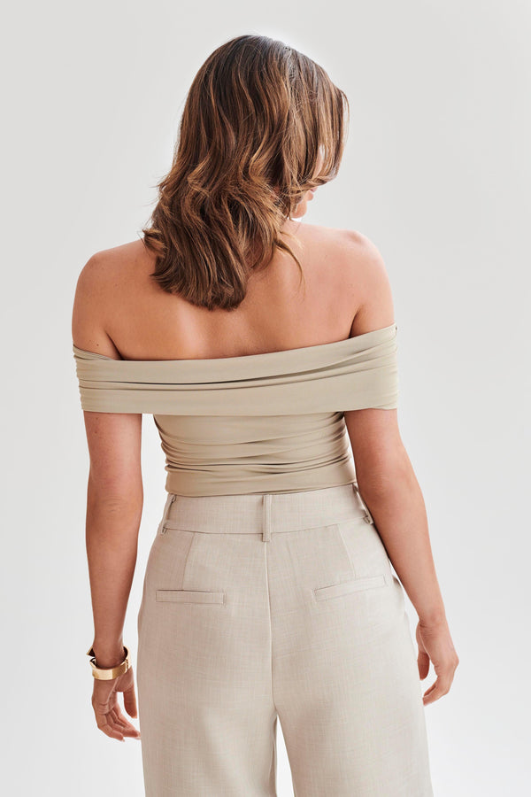 Collective Tops - Meena  Recycled Nylon Off Shoulder Top - Taupe fourth image