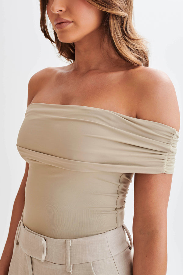 Collective Tops - Meena  Recycled Nylon Off Shoulder Top - Taupe third image