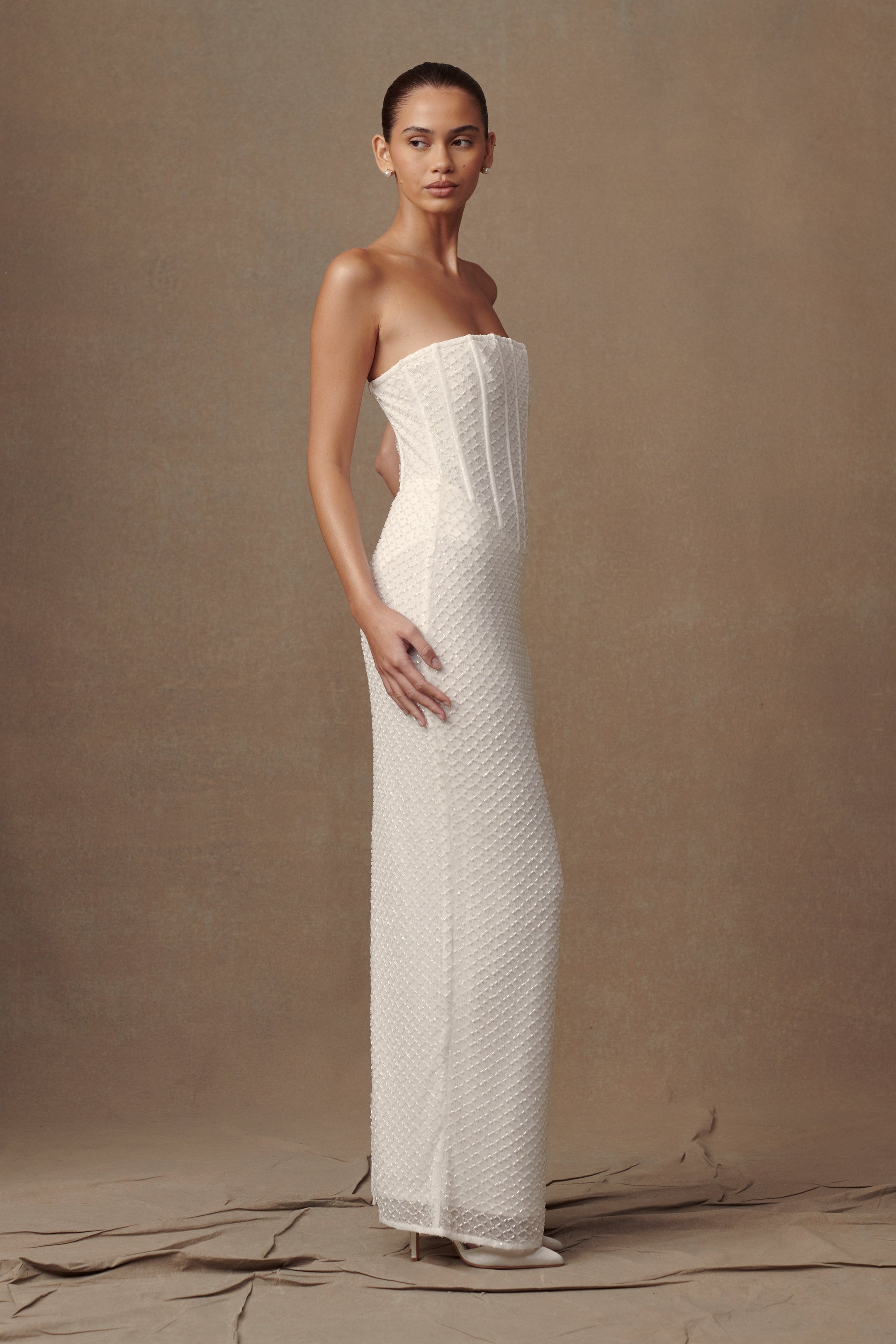 Strapless Sequin Mesh Maxi Dress In Red