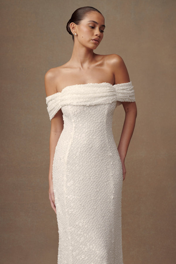 Priyanka Daisy Beaded Off Shoulder Wedding Gown - White