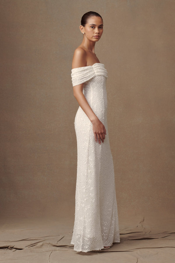 Priyanka Daisy Beaded Off Shoulder Wedding Gown - White