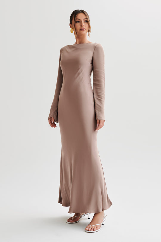 Collective Dress - Rayleigh  Long Sleeve Satin Maxi Dress - Mocha image 1