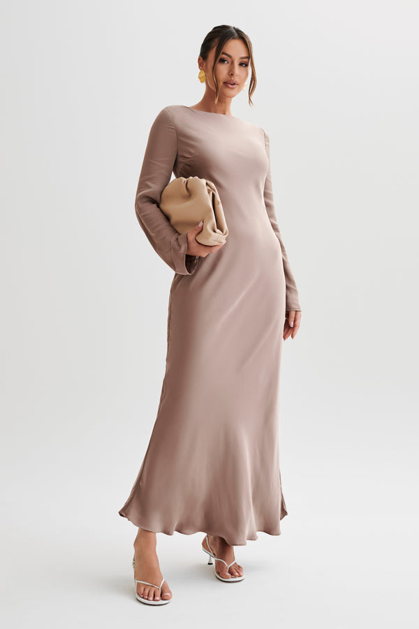 Collective Dress - Rayleigh  Long Sleeve Satin Maxi Dress - Mocha image 6