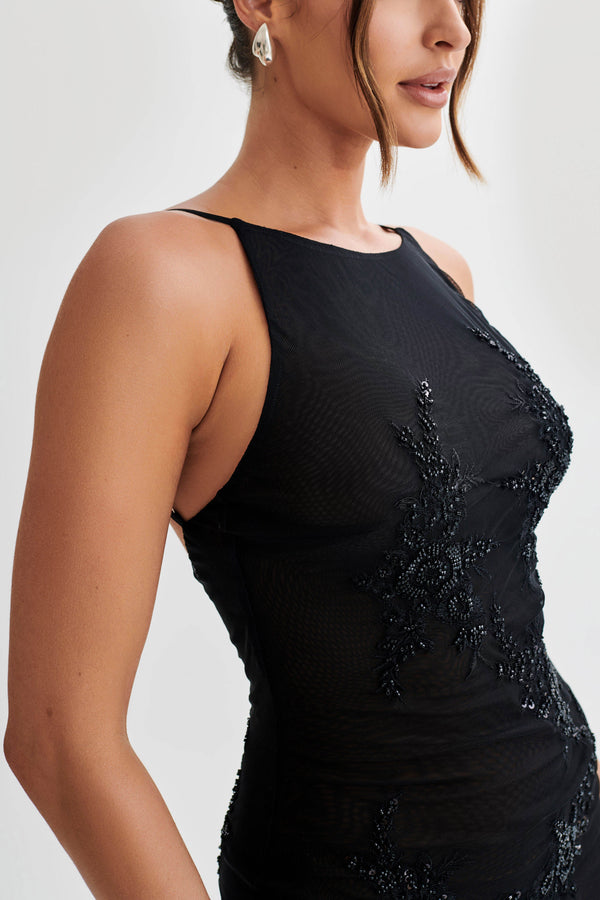 Fallon Embroidered Mesh Mini Dress - Black