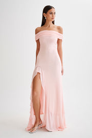 Audrey Off Shoulder Mesh Maxi Dress - Pale Pink