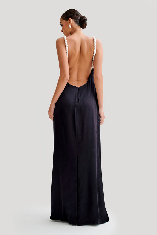 Blanche Satin Pearl Halter Maxi Dress - Black