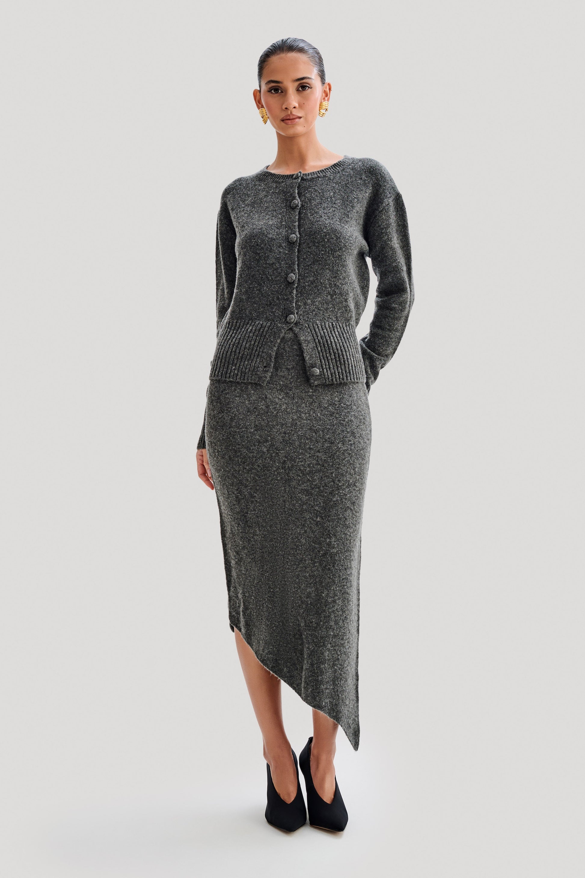 Genevieve Asymmetrical Knit Midi Skirt - Charcoal Marle #9