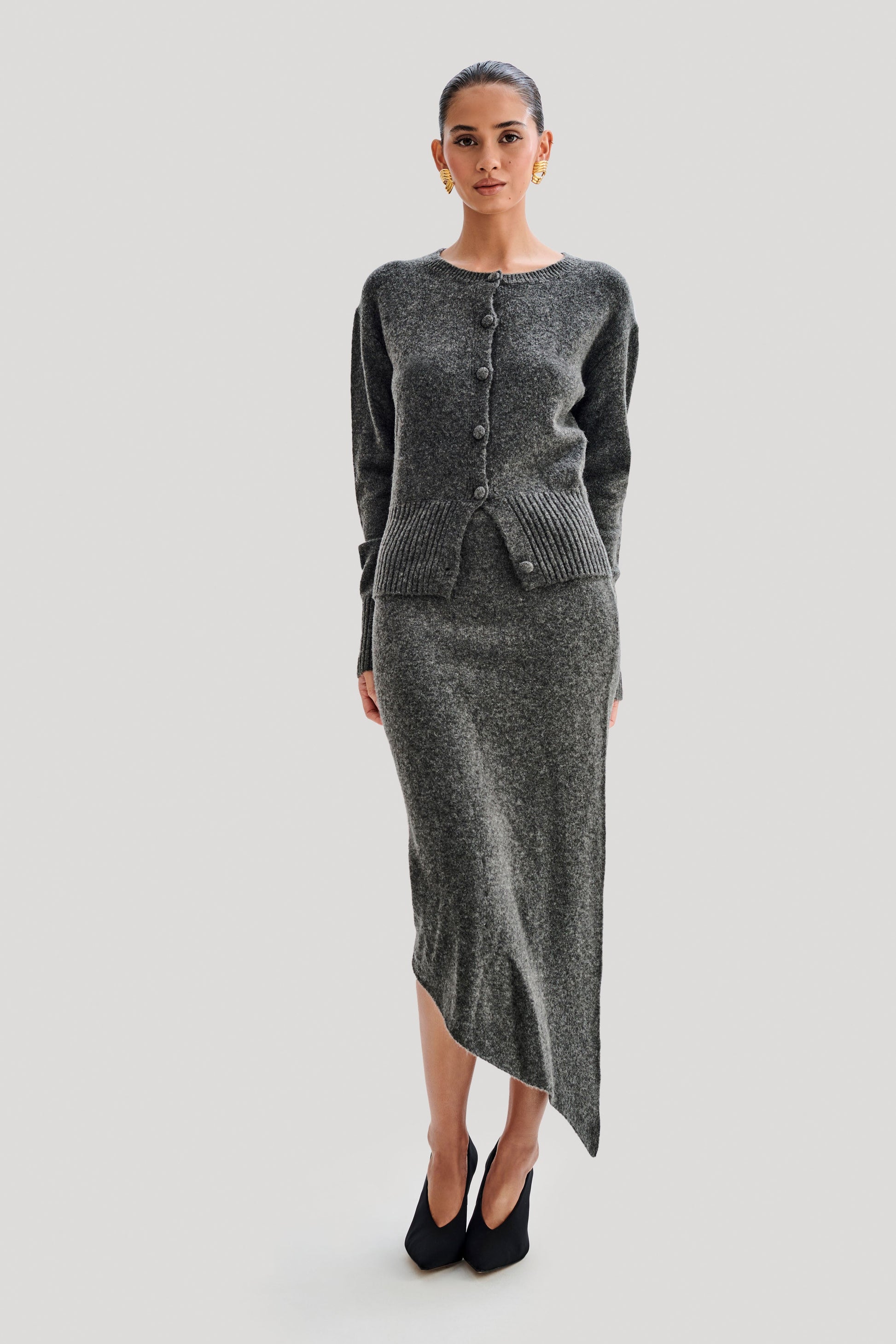 Genevieve Asymmetrical Knit Midi Skirt - Charcoal Marle #5