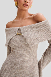 Baxter Off Shoulder Fluffy Knit Midi Dress - Taupe Marle