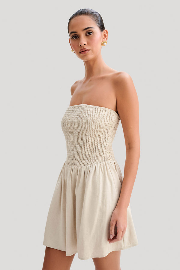 Holland Linen Shirring Mini Dress - Natural