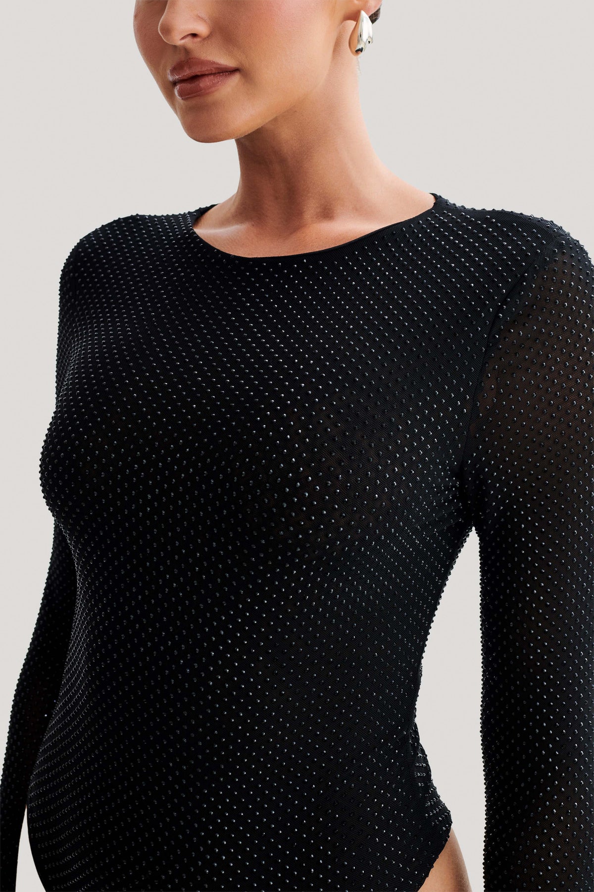 Selma Long Sleeve Diamante Bodysuit - Black/Black #3