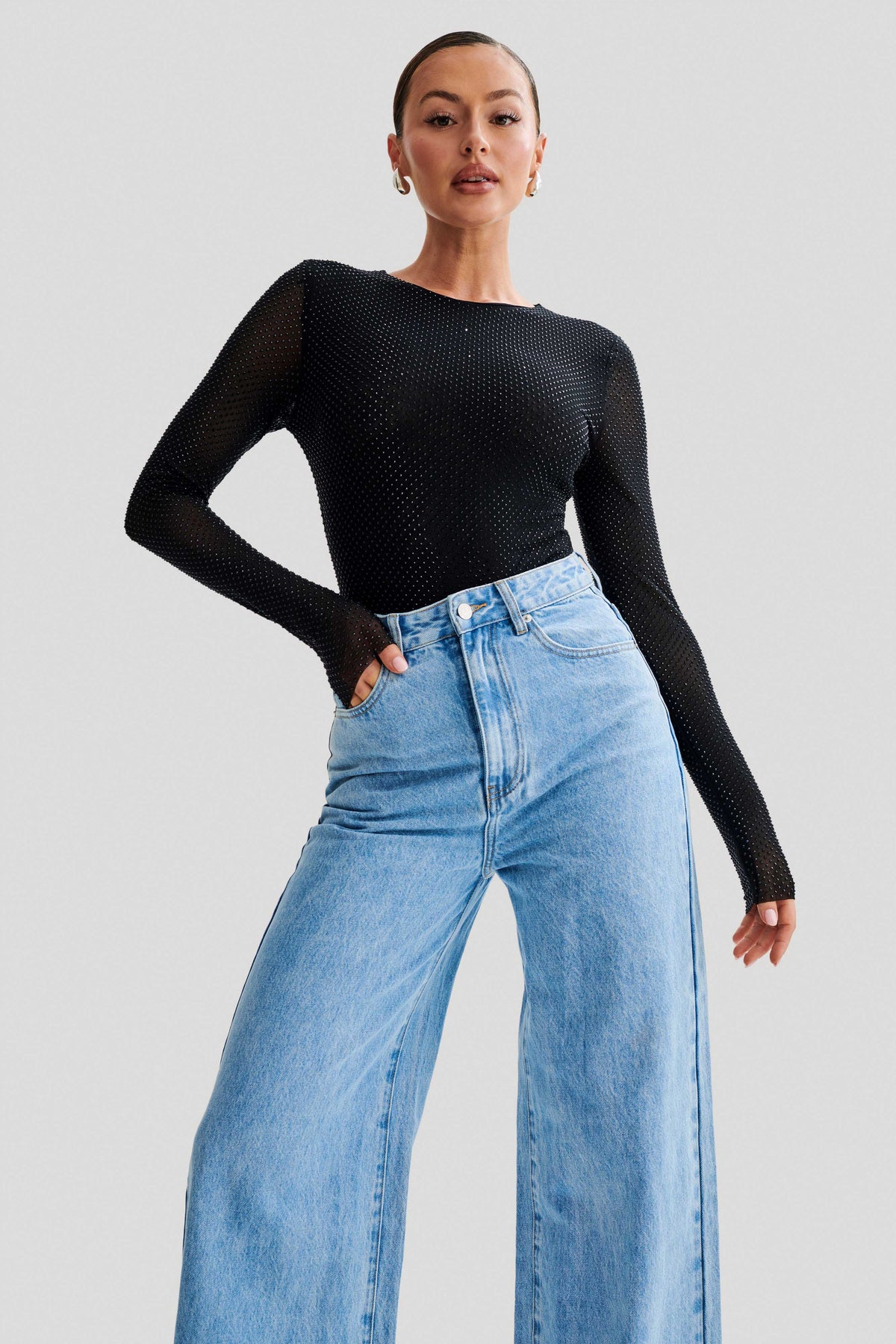 Selma Long Sleeve Diamante Bodysuit - Black/Black #4