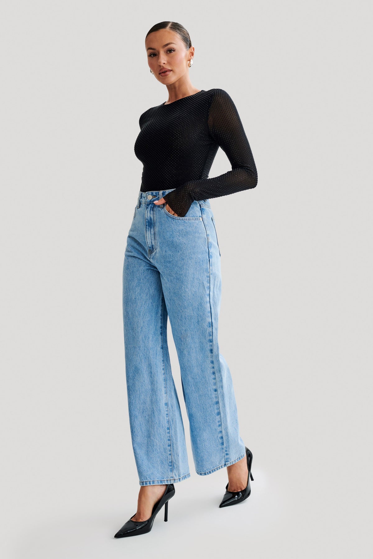 Selma Long Sleeve Diamante Bodysuit - Black/Black #5