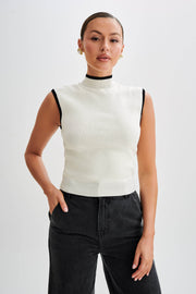 Laurina High Neck Contrast Top - Ivory